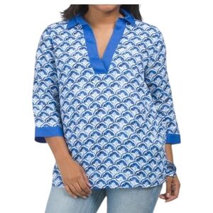 NWT Sigrid Olson Collared Popover Shirt Linen Summer Blue & White Tunic